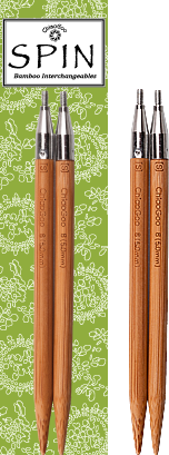 Set ChiaoGoo SPIN Bamboo Tips 5 inch in groene verpakking, gemaakt van Moso bamboe met metalen aansluiting voor verwisselbare kabels.