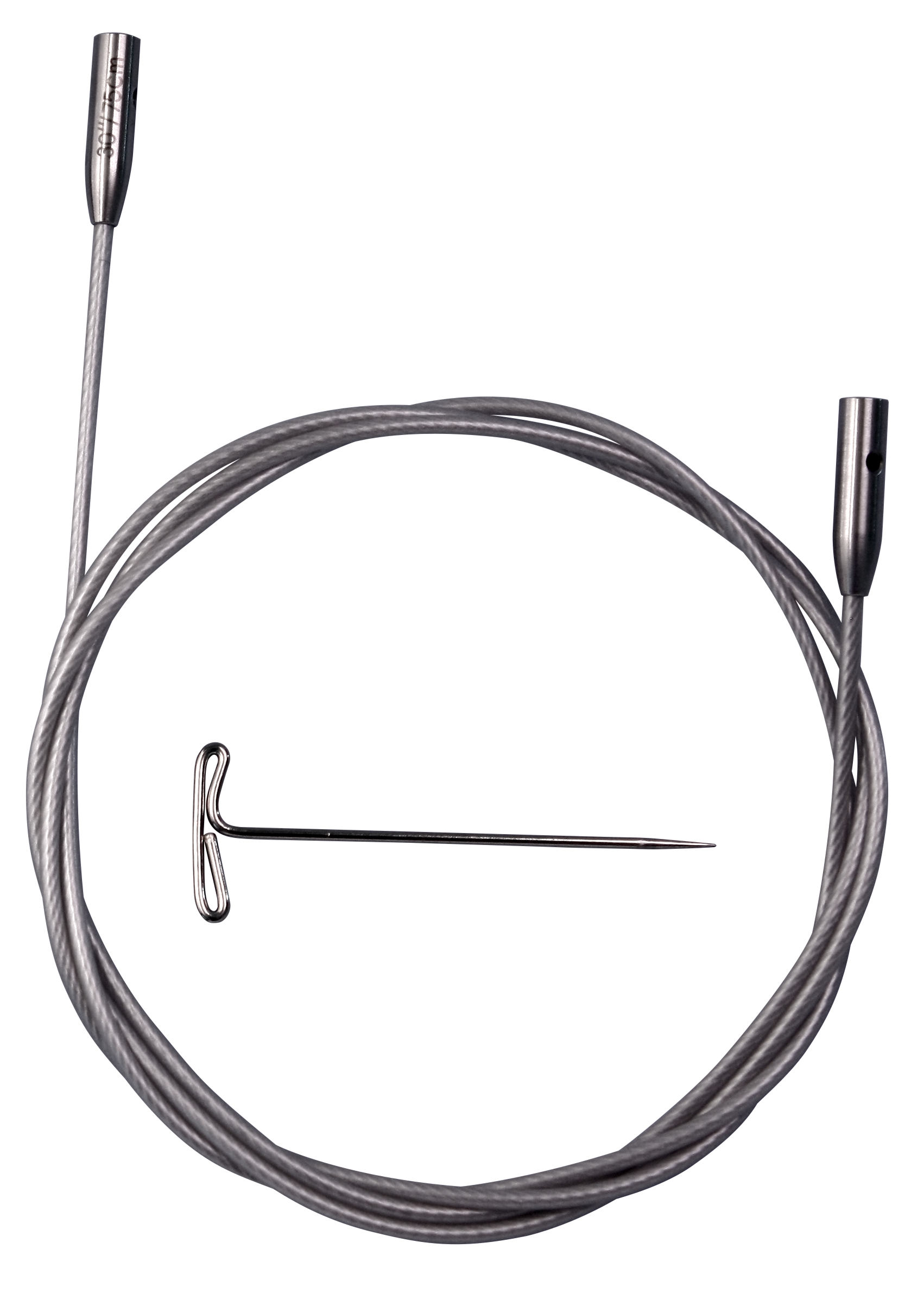 ChiaoGoo SWIV360 Silver Cable in zilverkleur, neergelegd in een open ronde vorm met de metalen T-sleutel in het midden.