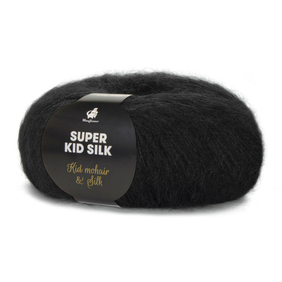 Bol Mayflower Super Kid Silk in de kleur zwart met label. Luxe mohair-zijde garen met zachte glans en luchtige structuur, ideaal voor breiprojecten.