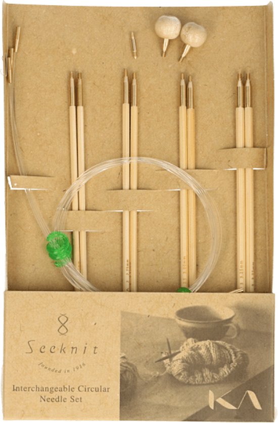 Seeknit Shirotake rondbreinaaldenset S 14 cm van bamboe met vier naaldmaten (2,50 mm, 2,75 mm, 3,00 mm, 3,25 mm), kabels van 32, 52 en 72 cm, kabelverbinder en kabelstoppers.